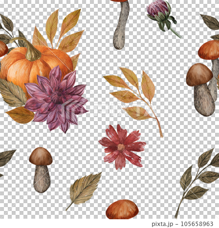 Watercolor seamless pattern with pumpkin, mushrooms, Dahlia and autumn leaves. Hand drawn illustration for thanksgiving design. Digital Paper for wrapping, textile, scrapbook or background. 105658963