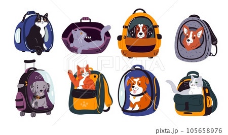 Cartoon pet carriers. Dogs and cats transportation. Bags for puppy or kitten convenience. Transporter backpacks and containers. Animals travel. Comfort and safety. Garish vector set Cartoon pet carriers. Dogs and cats transportation. Bags for puppy or kitten convenience. Transporter backpacks and containers. Animals travel. Comfort and safety. Garish vector set 105658976