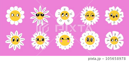 Cartoon daisy flowers with emoji. Smiling - Stock Illustration