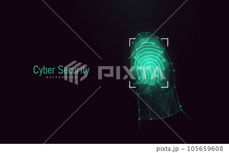 Fingerprint scan. Security access technology. Password. Biometric identity. Low polygonal and wireframe from dots and lines. Vector illustration Fingerprint scan. Security access technology. Password. Biometric identity. Low polygonal and wireframe from dots and lines. Vector illustration 105659608