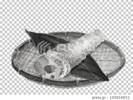 以水墨畫風格繪製的濾鍋中煮竹筍的單調插圖白色背景透明背景 105659652