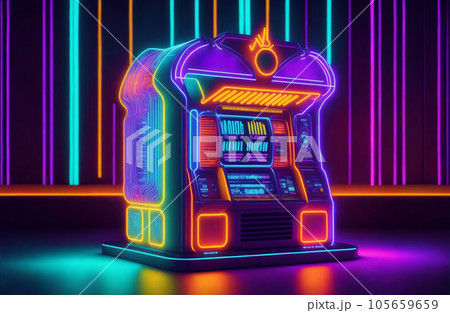 Casino Illustration of a Neon Shining Slot Machine on Colorful Glowing Background. Futuristic Gambling Design for Poster, Banner, Invitation, Card or Cover. Ai Generated. 105659659