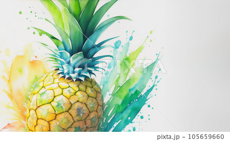 Watercolor Ripe Pineapple Fruit Illustration with Green Leaves and Colorful Paint Splash Isolated on White Background. Aquarelle Wallpaper Design for Banner, Poster, Invitation, Menu or Card. AI 105659660
