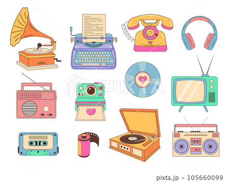 Set of retro devices such as typewriter, phonograph, vintage turntable 105660099