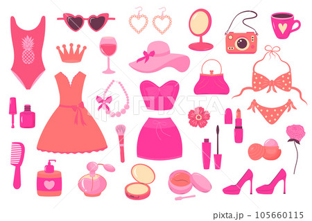 Glamorous trendy pink girl doll stickers set. Nostalgic barbiecore 2000s style Glamorous trendy pink girl doll stickers set. Nostalgic barbiecore 2000s style 105660115