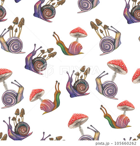Watercolor illustration of snails, grebes and fly agarics on a transparent background. Seamless pattern for design hand drawn Watercolor illustration of snails, grebes and fly agarics on a transparent background. Seamless pattern for design hand drawn 105660262