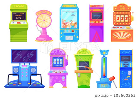 Arcade game machines. Old games machine for gambling players or kids amusement gaming in attraction park, cartoon machinery with punch scale number slots, neat vector illustration Arcade game machines. Old games machine for gambling players or kids amusement gaming in attraction park, cartoon machinery with punch scale number slots, neat vector illustration 105660263