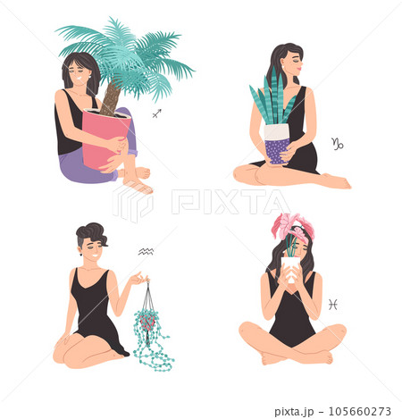 Zodiac collection set with beautiful woman, Sagittarius, Capricorn, Aquarius, Pisces, horoscope astrology symbol sign 105660273