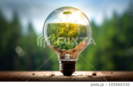 Light bulb full of green leaves and tree on green natural background Light bulb full of green leaves and tree on green natural background 105660330