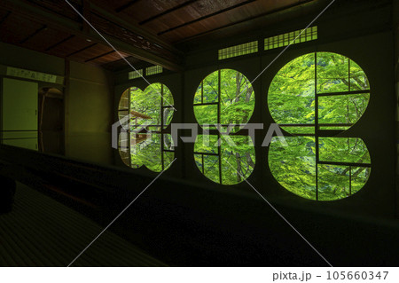 嵐山祐斎亭 丸窓の部屋 美しいリフレクション 新緑の季節 嵐山祐斎亭 丸窓の部屋 美しいリフレクション 新緑の季節 105660347