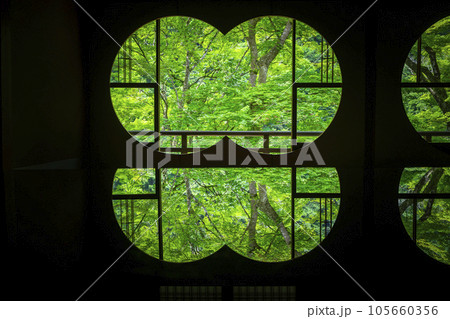 嵐山祐斎亭　丸窓の部屋　美しいリフレクション　新緑の季節 105660356