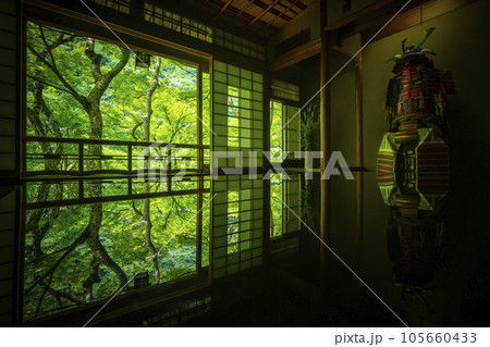 嵐山祐斎亭　茶室　美しいリフレクション　新緑の季節 105660433