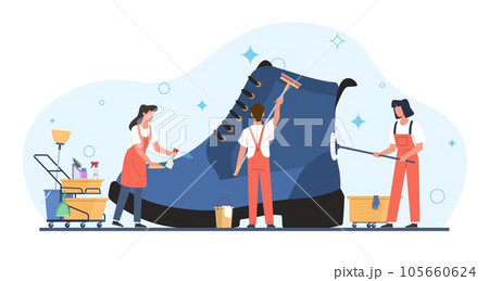Concept of shoe shine services, little people shine footwear. Tiny men and women cleaning and washing huge boots. Professional cosmetics for leather, vector cartoon flat isolated illustration 105660624