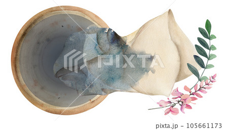 Hand drawn watercolor indigo coloring natural plant dye and materials for hobby, handmade fabric. Illustration isolated composition, white background. Shop logo, print, website, business card, booklet Hand drawn watercolor indigo coloring natural plant dye and materials for hobby, handmade fabric. Illustration isolated composition, white background. Shop logo, print, website, business card, booklet 105661173