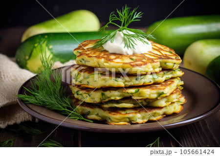 Zucchini pancakes with herbs and sour cream. Traditional Slavic dish 105661424