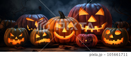 Scary Halloween pumpkins for party night. Close up view of scary Halloween pumpkin 105661711