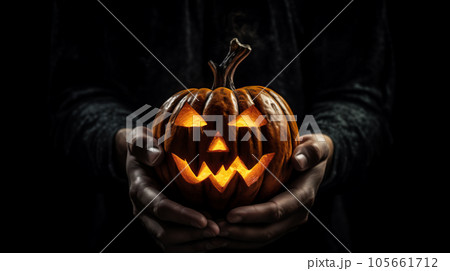 Unrecognizable man holding jack-o-lantern in hands on dark night background. Halloween concept Unrecognizable man holding jack-o-lantern in hands on dark night background. Halloween concept 105661712