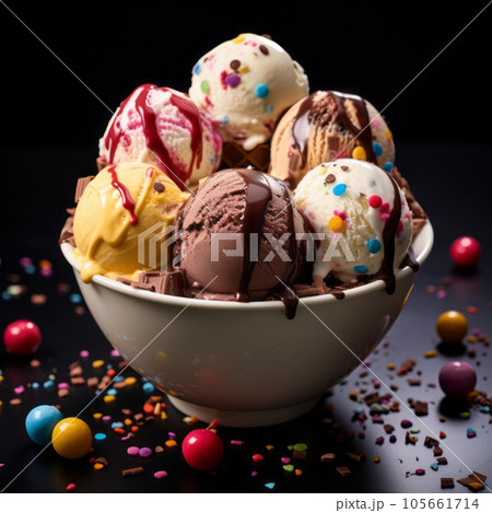 Bowl of ice cream scoops of different colors and flavours Bowl of ice cream scoops of different colors and flavours 105661714