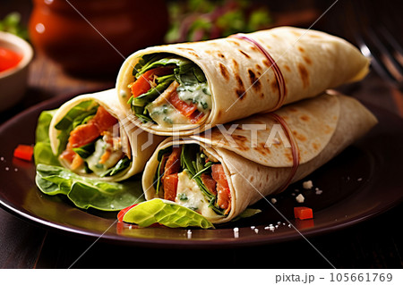 Vegan vegetable wraps, ready to eat, close up 105661769