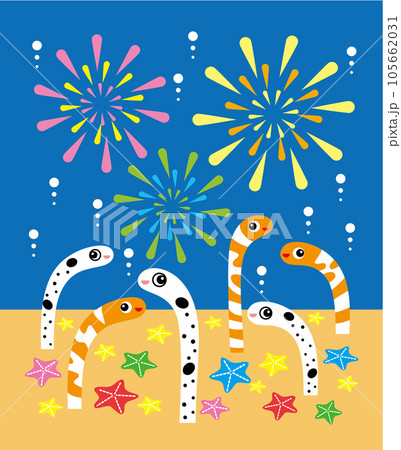 カラフルな打ち上げ花火と可愛いチンアナゴとニシキアナゴのイラスト 夏のイメージデザイン ベクター 105662031