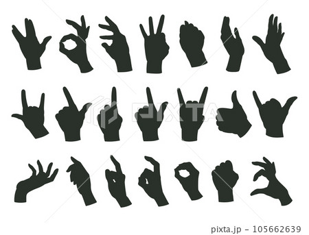 Cartoon hands gestures silhouettes. Human hands signs, okay, call, peace position and index finger sign flat vector illustration set 105662639