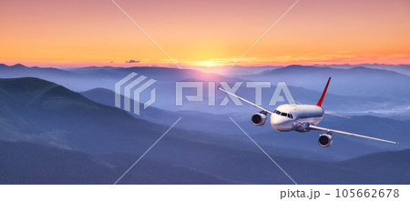 Plane is flying in colorful sky at sunset. Passenger airplane 105662678