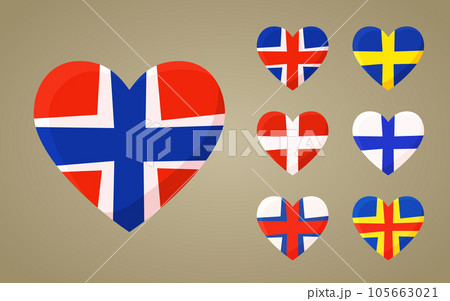 Hearts with flag of Norway, Iceland, Denmark, Faroe Islands, Sweden, Finland and Aland Islands 105663021