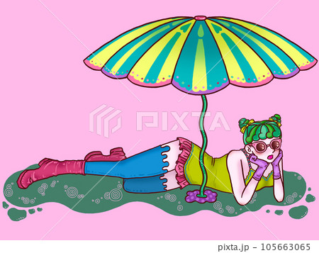 パラソルで涼む女の子　ピンク背景 105663065