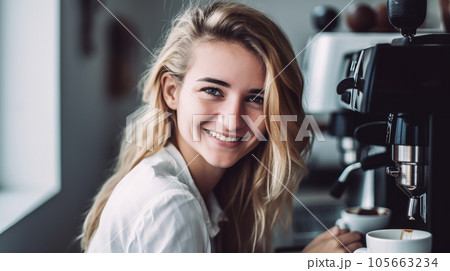 コーヒーマシンの前でコーヒーを飲む女性・カフェ経営（Generative AI） 105663234