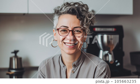 コーヒーマシンの前でコーヒーを飲む女性・カフェ経営（Generative AI） 105663235