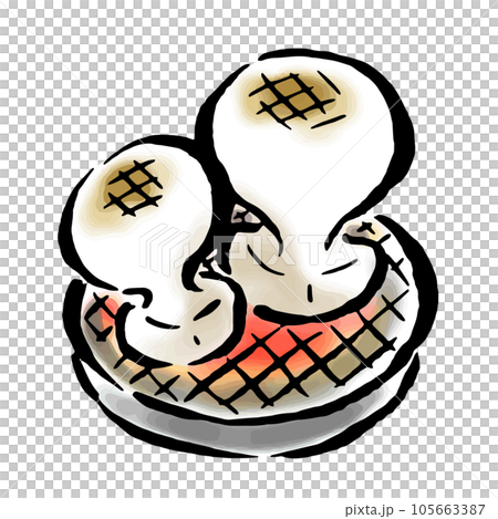 麻糬在木炭火盆上烘烤手繪插圖,用畫筆觸摸 麻糬在木炭火盆上烘烤手繪插圖,用畫筆觸摸 105663387