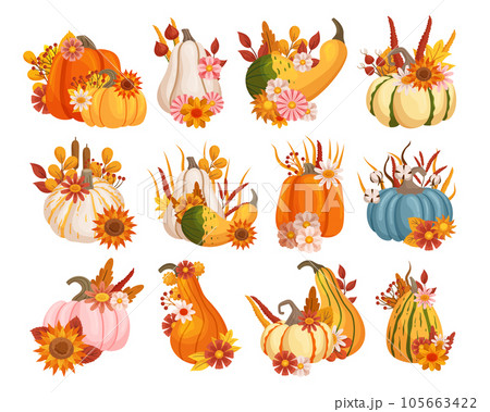 Artfully Arranged Fall Floral Displays That Combine Pumpkins And Vibrant Flowers, Creating Seasonal Charming Centerpiece 105663422