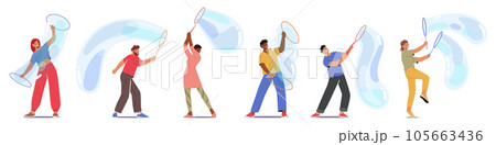 Characters Perform Soap Bubbles Show, Captivating Spectacle Of Colorful, Floating Spheres, Created By Blowing Air Characters Perform Soap Bubbles Show, Captivating Spectacle Of Colorful, Floating Spheres, Created By Blowing Air 105663436