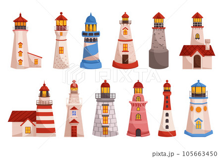 Set Of Lighthouses, Tall Towers With A Bright Light On Top, Used To Guide Ships And Boats Safely Through Dark Waters 105663450