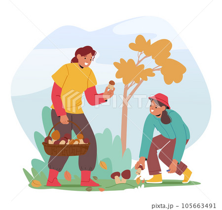 Young Women Carefully Gather Mushrooms In The Forest. Female Characters Filling Their Baskets With A Variety Of Shapes 105663491