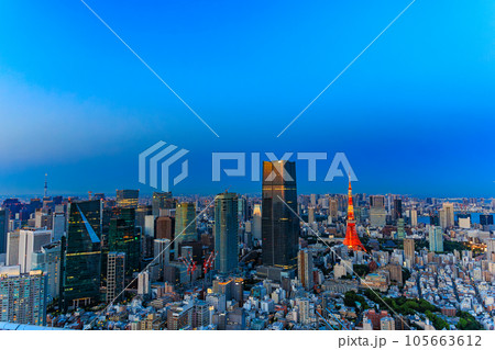 東京　港区　夕方の六本木ヒルズ展望台　スカイデッキからの眺め 105663612