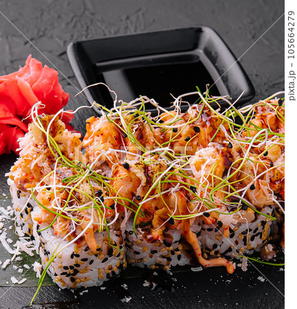 Beautiful spicy special volcano sushi roll Beautiful spicy special volcano sushi roll 105664279