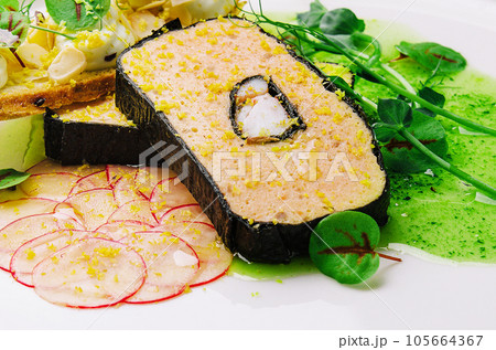 bruschetta with mozzarella and pate on white plate bruschetta with mozzarella and pate on white plate 105664367