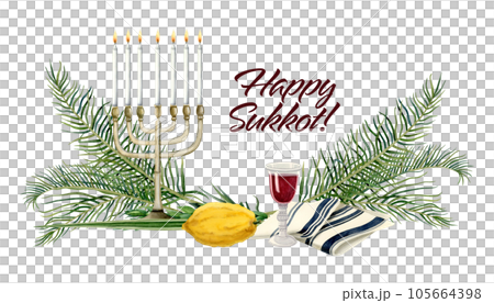 Happy Sukkot greeting banner watercolor illustration isolated on white background for Jewish Feast of Tabernacles with palm leaves, etrog fruit, Lulav, Arava, Hadass, menorah, tallit red wine glass Happy Sukkot greeting banner watercolor illustration isolated on white background for Jewish Feast of Tabernacles with palm leaves, etrog fruit, Lulav, Arava, Hadass, menorah, tallit red wine glass 105664398