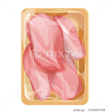 Chicken raw filet in plastic tray, package with poultry in cartoon style isolated on white background. Broiler meat covered  105664596