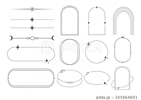 Set celestial frames, borders line art esoteric minimal decoration with sparkles isolated on white background. 105664601