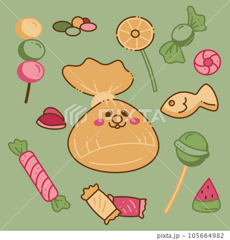 Candies. Cute cat muzzle candy character, different types of candies. Cartoon doodle illustration. 105664982