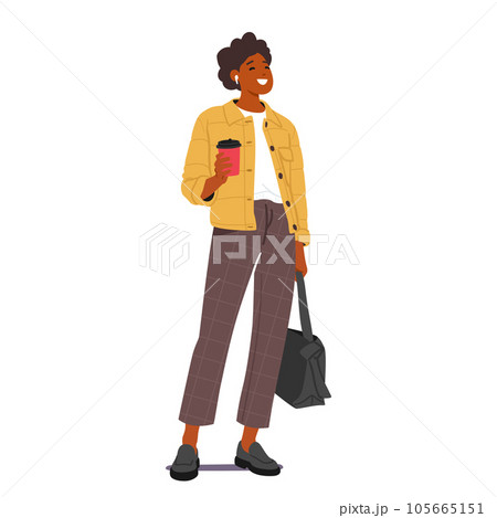 Black Young Woman Wear Cozy Autumn Sweater, Jacket, Pants And Boots, During The Season, Cartoon Vector Illustration 105665151