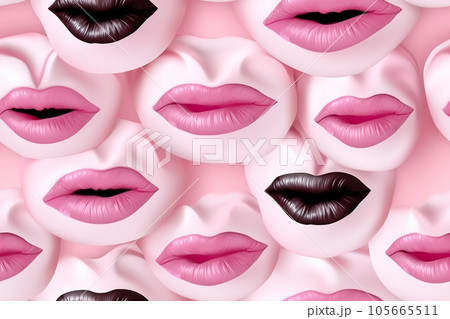 Seamless pattern with woman lips. Applicable for fabric print, textile, wrapping paper, wallpaper. Pink background with female lips. Repeatable texture. Sensual, passion and beauty. Generative AI. 105665511