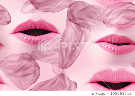 Seamless pattern with woman lips. Applicable for fabric print, textile, wrapping paper, wallpaper. Pink background with female lips. Repeatable texture. Sensual, passion and beauty. Generative AI. Seamless pattern with woman lips. Applicable for fabric print, textile, wrapping paper, wallpaper. Pink background with female lips. Repeatable texture. Sensual, passion and beauty. Generative AI. 105665515