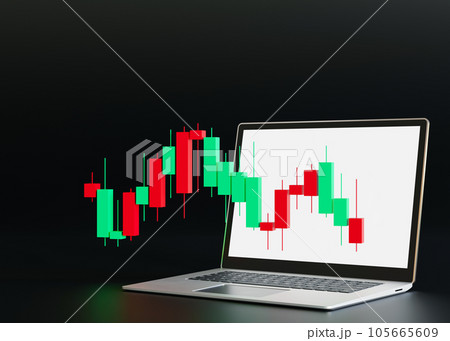 Trading chart and laptop on black background and copy space for text. Trading PC, computer. Buy, sell on stockmarket. Trader job, trade from home. Investment, finance and analysis. 3D render. 105665609