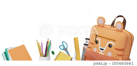 Colorful school stationery, supplies isolated on white background. Bottom border. Applicable for posters, announcements, advertising. Education, daycare, preschool. Back to school shopping, sale. 3D. Colorful school stationery, supplies isolated on white background. Bottom border. Applicable for posters, announcements, advertising. Education, daycare, preschool. Back to school shopping, sale. 3D. 105665661