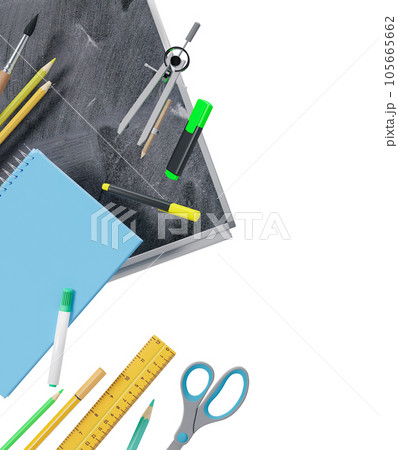 Colorful school stationery, supplies isolated on white background. Side border. Applicable for posters, announcements, advertising. Education, daycare, preschool. Back to school shopping, sale. 3D. Colorful school stationery, supplies isolated on white background. Side border. Applicable for posters, announcements, advertising. Education, daycare, preschool. Back to school shopping, sale. 3D. 105665662