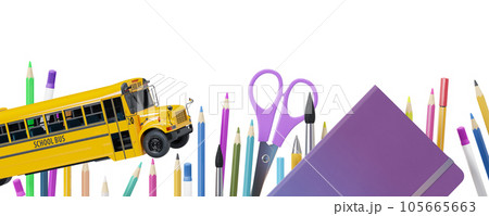 Colorful school stationery, supplies isolated on white background. Bottom border. Applicable for posters, announcements, advertising. Education, daycare, preschool. Back to school shopping, sale. 3D. Colorful school stationery, supplies isolated on white background. Bottom border. Applicable for posters, announcements, advertising. Education, daycare, preschool. Back to school shopping, sale. 3D. 105665663