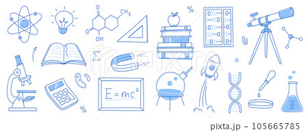 Doodle science, education school icon. Hand drawn sketch style doodle science background. School chemistry, physics education, biology concept icon. Hand drawn line vector 105665785